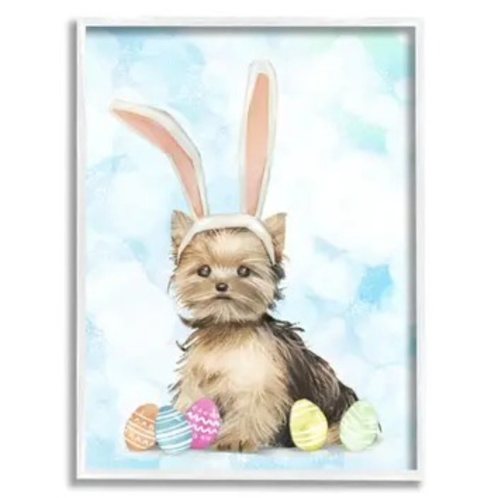 Easter Yorkie Puppy Bunny Ears & Patterned Eggs Stretched Canvas Wall Art NWOT